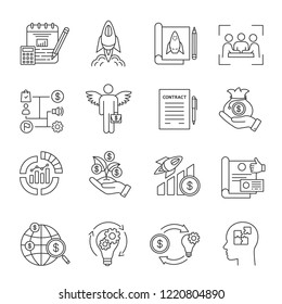 Startup linear icons set. Project financing and budgeting. Business development. Investment. Profit growth. Angel investor, venture capital. Isolated vector outline illustrations. Editable stroke
