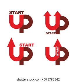 Startup logo. Character set for commencement of business. Red up arrow. Beginning of work ideas. Concept for your biz. Starting of production. Start upwards Launch of company