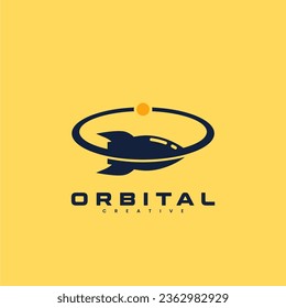 startup logo in minimal rocket planet symbol icon design template in yellow
