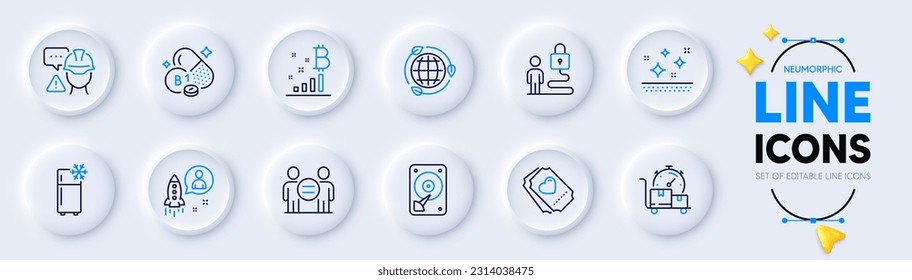 Startup, Love ticket and Refrigerator line icons for web app. Pack of Builder warning, Clean skin, Bitcoin graph pictogram icons. Ethics, Lock, Thiamine vitamin signs. Eco energy. Vector