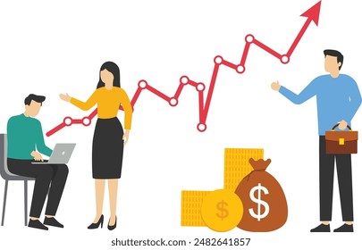 Der Startup-Manager analysiert die Wachstumsdiagramme im Umsatz. Gruppe von Arbeitern mit Bergen von Bargeld, Raketen, einem Balkendiagramm mit Pfeilen und Bergen von Geld. Für Geschäftserfolg, Marketing, Gewinnkonzept