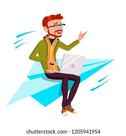 Startup, Manager In Business Suit Sitting On Paper Plane Flying Up Vector. Isolated Illustration
