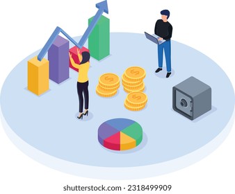 Startup managers presenting  analyzing Financial sales growth chart - coins, rocket, bar 