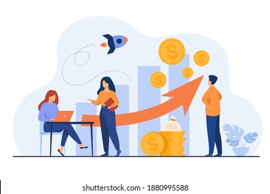 Startup managers presenting and analyzing sales growth chart. Group of workers with heap of cash, rocket, bar diagrams with arrow and heap of money. For business success, marketing, profit concepts