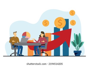 Gestores de emprendimientos que presentan y analizan el gráfico de crecimiento de ventas. Grupo de trabajadores con montones de efectivo, cohetes, diagramas de barras con flecha y montón de dinero. Para el éxito empresarial, marketing, conceptos de beneficios.