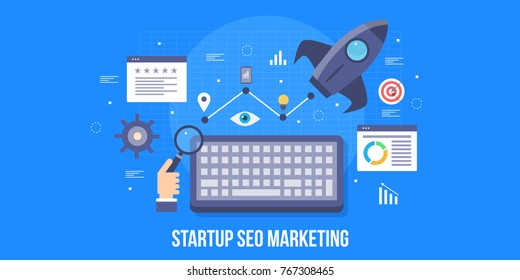 Startup marketing, Startup SEO, Search marketing for startup business flat vector concept with icons isolated on blue background