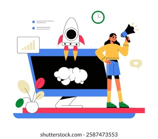 Startup Marketing Service With Female Marketer And Rocket In Flat Vector Illustration Symbolizing Business Promotion, Digital Advertising, And Brand Growth, Isolated On White Background