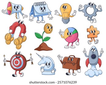 Startup mascots. Cartoon business characters of megaphone, calendar, idea light bulb, gear, money magnet, coin plant, pie chart, puzzle piece, target, unicorn, briefcase and rocket launch vector set.