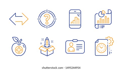 Startup, Medical food and Report document line icons set. Sync, Headhunter and Graph phone signs. Id card, Project deadline symbols. Innovation, Apple. Business set. Line startup icon. Vector