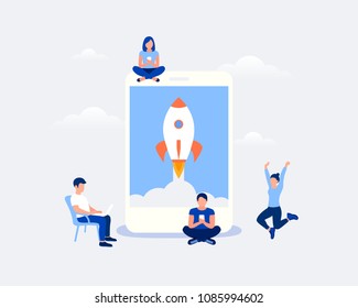 Startup mobile app design concept. Small business people working as team to launch the rocket and mobile app. Trendy flat style. Vector illustration.