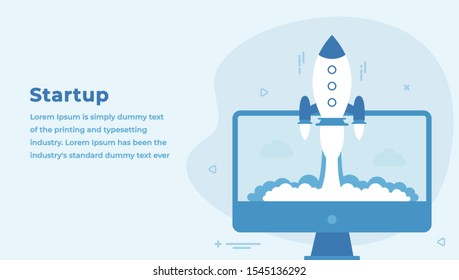 Startup Modern Design Concept with Headline and Text Place. Rocket Ship Launching Suitable for Web banner, Hero images. Flat Vector Illustration 