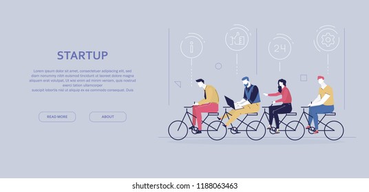 Startup - modern flat design style colorful banner on gray background with copy space for text. A composition with cute characters, office workers, business people riding bicycle. Teamwork concept