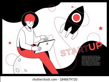 Startup - modern flat design style web banner with line elements and copy space for text. Launching a new project idea. An illustration with a businessman with a tablet in the space, flying rocket