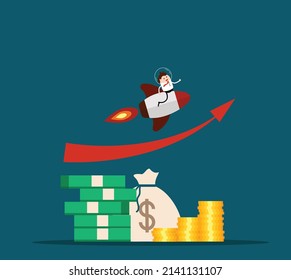 Startup Money Stacked with Businessman on a Flying Rocket. Business and Finances Management Concept