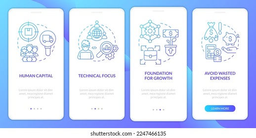 Startup needs consulting service blue gradient onboarding mobile app screen. Walkthrough 4 steps graphic instructions with linear concepts. UI, UX, GUI template. Myriad Pro-Bold, Regular fonts used