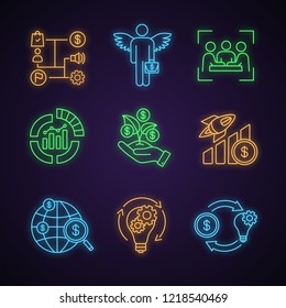 Startup neon light icons set. Business plan, angel investor, meeting, IPO, seed money, profit growth, fund search, idea generation, crowdfunding. Glowing signs. Vector isolated illustrations