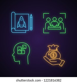 Startup neon light icons set. Prototype design, businessmen, solution, venture capital. Glowing signs. Vector isolated illustrations