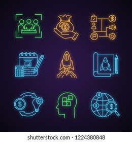 Startup neon light icons set. Meeting, venture capital, business plan, accounting, startup launch, prototype, crowdfunding, solution, fund search. Glowing signs. Vector isolated illustrations