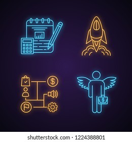 Startup neon light icons set. Finance planning, startup launch, business strategy, angel investor. Glowing signs. Vector isolated illustrations