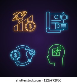 Startup neon light icons set. Business growth, branding, crowdfunding, solution. Glowing signs. Vector isolated illustrations