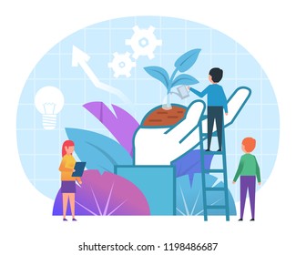 Startup, new business growth concept. Small people stand near big hand holding small sprout. Poster for presentation, web page, banner, social media. Flat design vector illustration