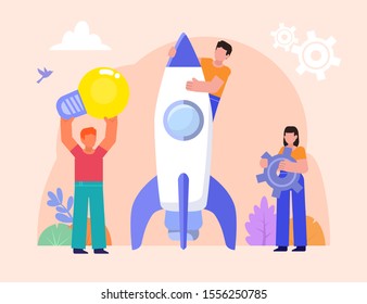 Startup, new business launch. Group of people stand near big rocket. Poster for social media, web page, banner, presentation. Flat design vector illustration