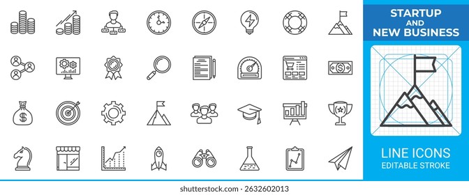 Startup and new business line icon pack. Outline vector symbols for business startup, marketing, strategy, management, project, development. Icons include stack of coins, rocket launch, money bag
