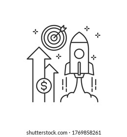 Startup new business project black line icon. Development process. Innovation product, creative idea. Sign for web page, app. UI UX GUI design element. Editable stroke