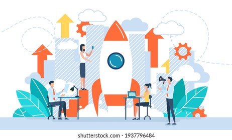 Startup new business project. Development process. Innovation product, creative idea. Business concept of vector illustration people are building a spaceship rocket. Cohesive teamwork in the startup