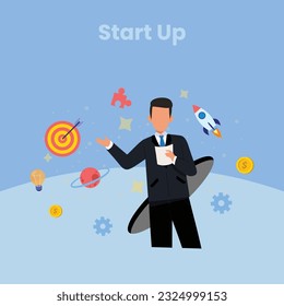 Startup new business project. Development process. Innovation product, creative idea. Start up launch, Start up venture, entrepreneurship concept. Vector isolated concept creative illustration	