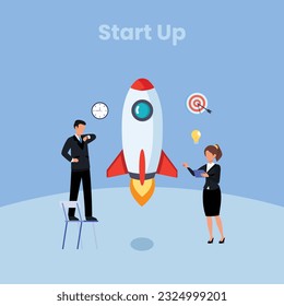 Iniciar nuevo proyecto de negocio. Proceso de desarrollo. Producto de innovación, idea creativa. Lanzamiento de start up, emprendimiento de start up, concepto de emprendimiento. Ilustración creativa de concepto aislado por vectores	