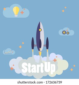 Startup new business project with rocket image development and launch a new innovation product on a market concept Flat design  vector illustration 