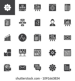 Startup and new business vector icons set, modern solid symbol collection, filled style pictogram pack. Signs, logo illustration. Set includes icons as Settings, Planning, Report, Development, Invoice