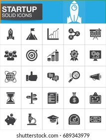 Startup and new business vector icons set, modern solid symbol collection, filled style pictogram pack. Signs, logo illustration. Set includes icons as rocket, seo, people, target, goal, money, time