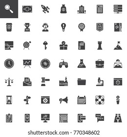 Startup new business vector icons set, modern solid symbol collection, filled style pictogram pack. Signs, logo illustration. Set includes icons as target, presentation, auction, startup rocket, goal