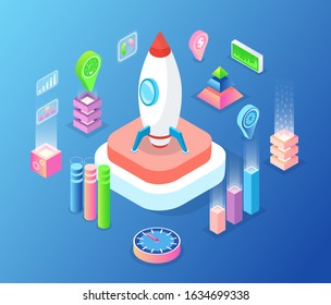 Startup of new business vector, isolated rocket spaceship with location pointer and pedestal, innovative project, launching of spacecraft isometric style