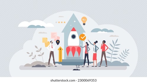 Startup and new innovative business project launch tiny person concept. Company with idea and funding for fast development and product breakthrough vector illustration. Cooperative innovation team.