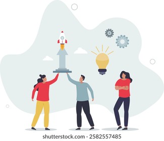 Startup and new innovative business project launch.Company with idea and funding for fast development and product breakthrough.flat characters.