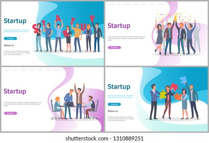 Startup new project beginning vector, launching innovative solution. Conference with brainstorming and finding decision, success in office, jigsaw. Website or webpage template, landing page flat style