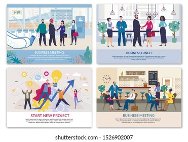 Startup and New Project Creation and Launching, Business Development and Expanding Partnership Boundaries, Corporate Ethics. Flat Landing Page Set. Vector Cartoon Businesspeople Illustration Design