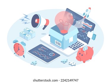 Startup new project, idea concept. Sharing business ideas, collaboration meeting, teamwork, share lightbulb lamp idea. Vector illustration in 3d design. Isometric web banner.