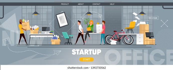 Startup Office Space and Working Team Flat Banner. Team of Happy Diverse Business People Settled in New Coworking Center. Open Loft Workspace Selection and Organization. Vector Cartoon Illustration