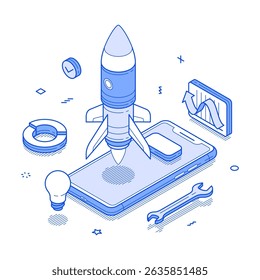 Startup online business innovation idea smartphone application minimalist isometric vector illustration. Success marketing management strategy productivity efficiency optimization digital technology