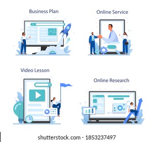 Startup online service or platform set. New business launching. Idea of project planning, promotion, management. Online research, business plan, video lesson. Flat vector illustration