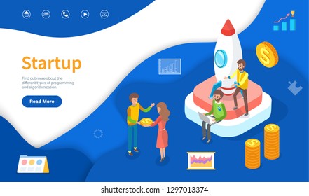 Startup online web page spaceship and developers vector. Men and women, gold coins and graphic, business planning and developing, cosmic rocket start