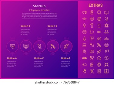 Startup options infographic template, elements and icons. Infograph includes options, line icon set with startup rocket, business launch, network technology, internet connection, satellite etc.