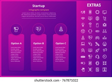 Startup options infographic template, elements and icons. Infograph includes three options, line icon set with startup rocket, business launch, network technology, internet connection, satellite etc.