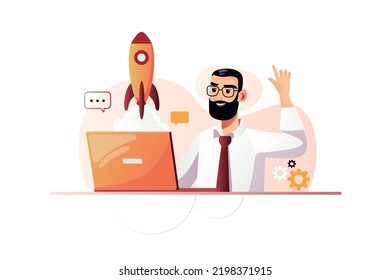 Startup orange concept with people scene in the flat cartoon design. Man turns his idea into reality and follows success. Vector illustration.