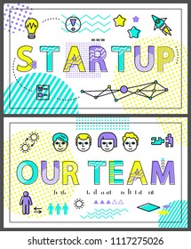 Startup and our team posters set with icons, people working in company responsible for business successful activity, giving ideas vector illustration