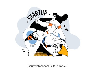 Startup outline web modern concept in flat line design. Woman creating and launching new business project, entrepreneur beginnings. Vector illustration for social media banner, marketing material.
